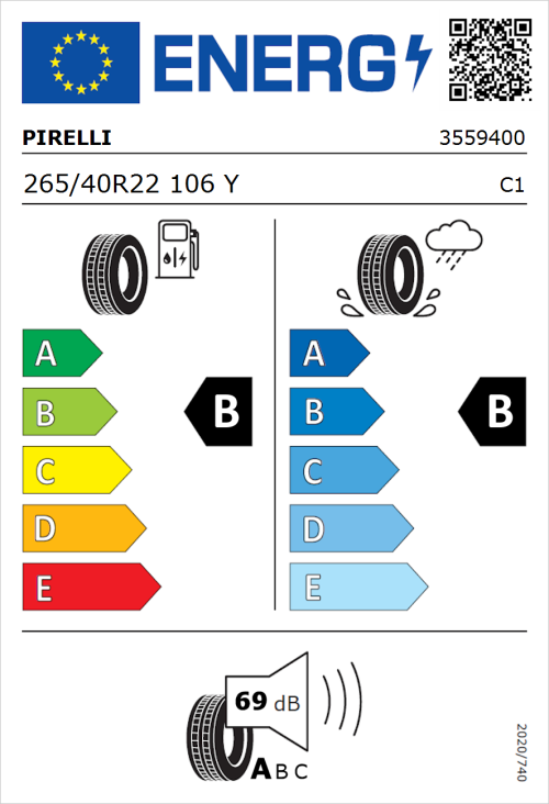 Tyre Label for Pirelli P Zero (PNCS) 265/40R22 106Y