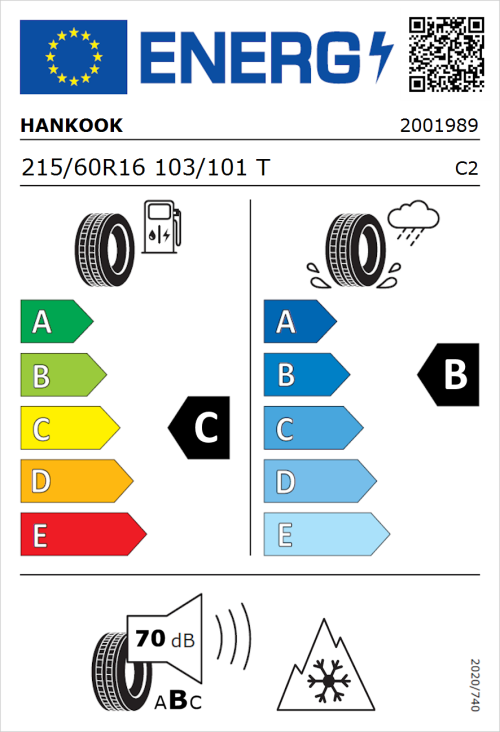 Tyre Label for Hankook Vantra LT RA18 215/60R16 103/101T
